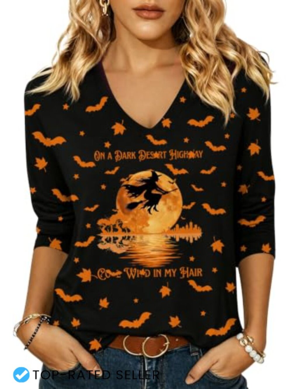 Women's Halloween Shirts Cute Ghost Pumpkin Tops V-Neck 3/4 Sleeve Spooky Tee
